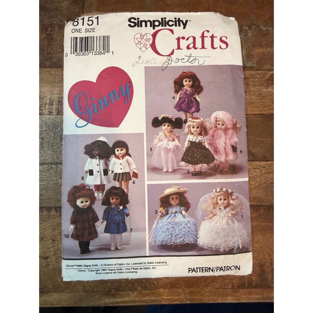Vintage Simplicity 8151 Ginny Doll Clothes Sewing Pattern 8 Inch Wardrobe 1984